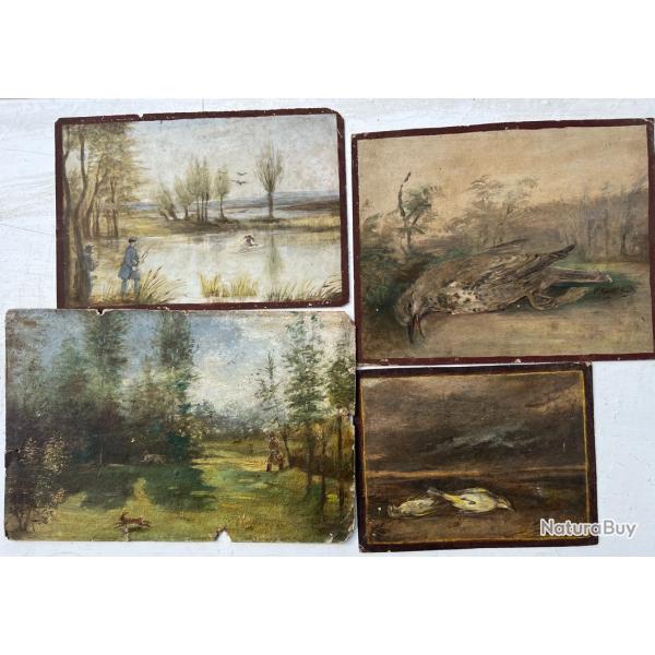 4 Anciennes Peintures de chasse XIXe