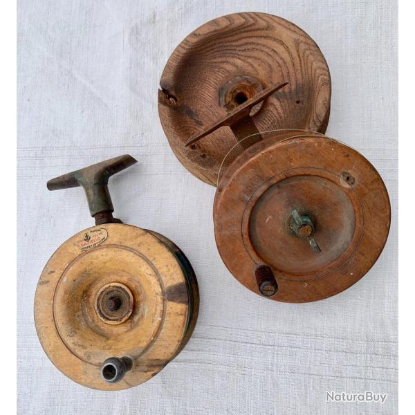 2 ANCIENS GROS MOULINET EN BOIS � 13 et 13,5 cm + 1 BOBINE BOIS