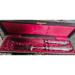 Ancien service &agrave; d&eacute;couper Tournus Paris couteau + fourchette coffret velours XIXe