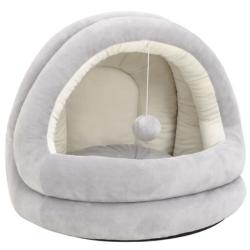 Lit chat polaire gris cr&egrave;me 40x40x35 cm doux avec balle suspendue