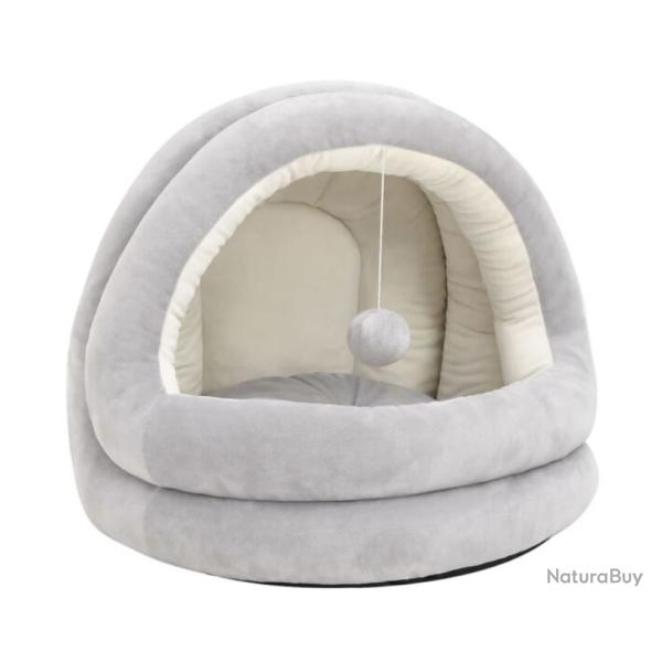 Lit chat polaire gris cr�me 40x40x35 cm doux avec balle suspendue