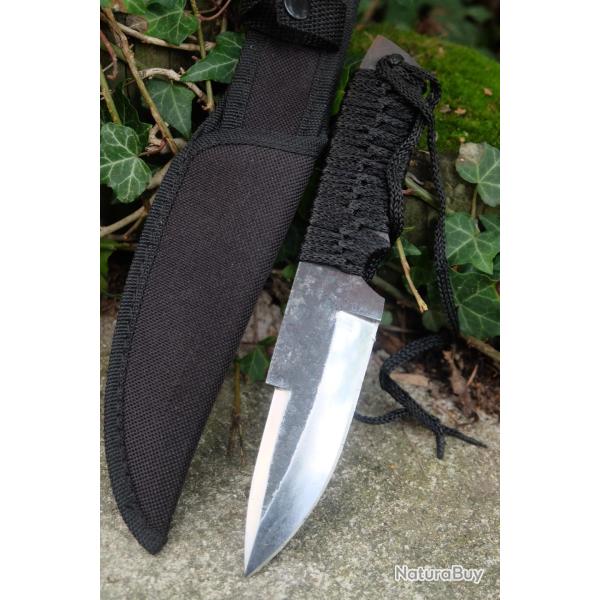 Couteau de Brousse Lame Bayo Acier Carbone 1055 Manche Corde Etui Nylon Pour le Camp & Buschraft