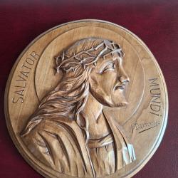 Bois sculpt&eacute; monoxyle sign&eacute; Christ sauveur du monde