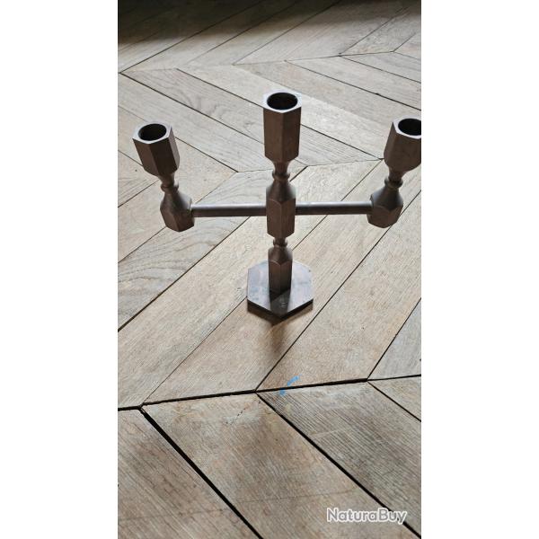 Cand�labre Scandinave (Bougeoir)Laiton massif 4 Bougies - Metallsl�jden Gusum Sweden Vintage
