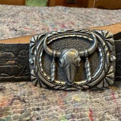 Belle ceinture artisanale noire + boucle USA T42 (C12)