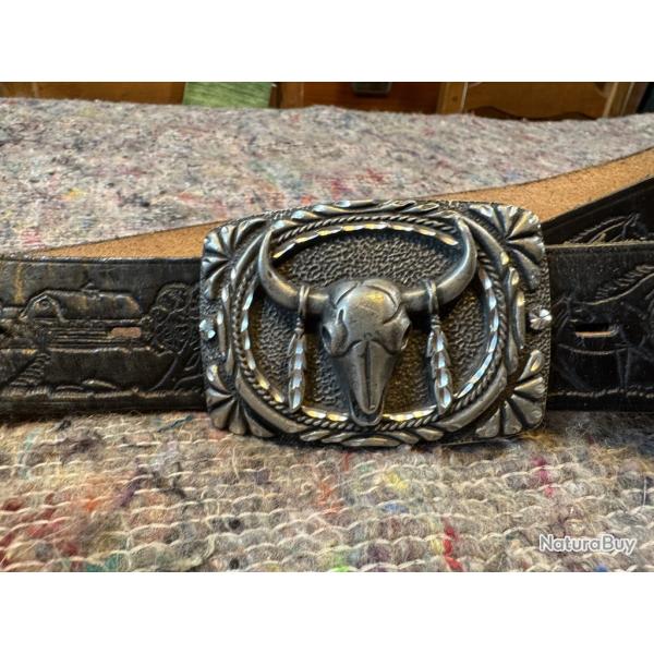 Belle ceinture artisanale noire + boucle USA T42 (C12)