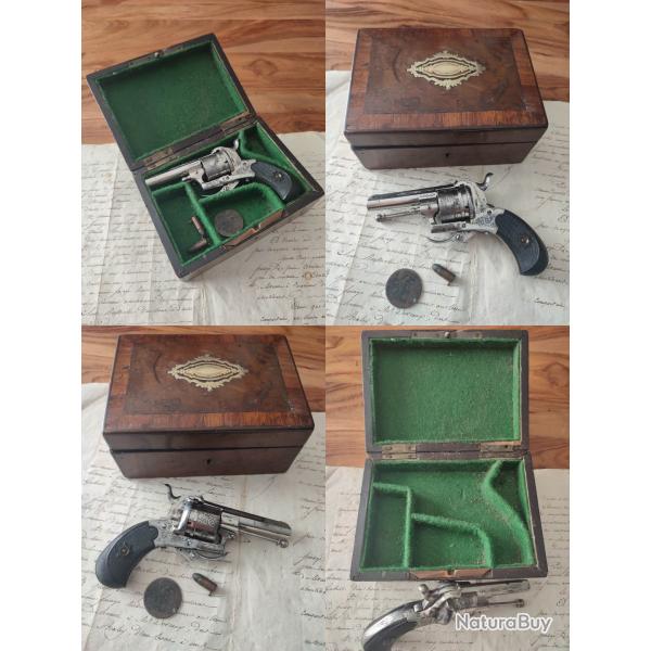coffret et r�volver nickel� d'origine 7mm � broche � cadre ferm� fabrication Li�goise de luxe