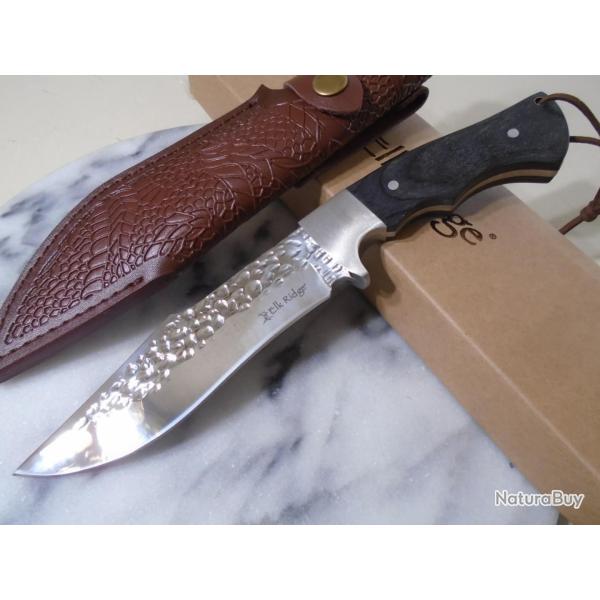 Elk Ridge - Couteau de chasse Survie Lame Drop Point Acier Inoxydable Manche Bois Etui Cuir