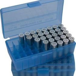 Boite de rangement MTM - P - Cal: 38/357 - 50 munition - BLEU TRANSPARENT