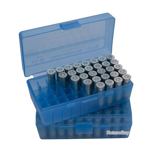 Boite de rangement MTM - P - Cal: 38/357 - 50 munition - BLEU TRANSPARENT
