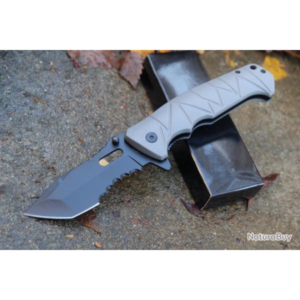 Couteau Semi Automatique Tactic Falcon Lame Acier 440 Serr Manche Plaquettes ABS Gris Liner Lock