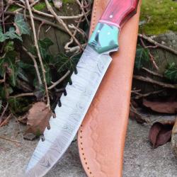 Poignard XXL Couteau Damas Lame 256 Couches Drop Point Manche Bois/R&eacute;sine Fabr Artisanale Etui Cuir