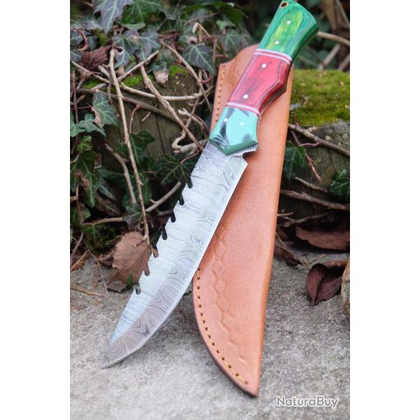 Poignard XXL Couteau Damas Lame 256 Couches Drop Point Manche Bois/R�sine Fabr Artisanale Etui Cuir