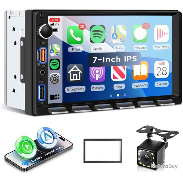 Autoradio 2 Din Touches de Piano avec Carplay Android Auto sans Fil, 7 Pouces IPS HD �cran Tactile P