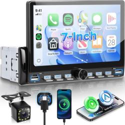 Autoradio 1 Din Touches de Piano avec Carplay Android Auto sans Fil, 7 Pouces IPS HD &Eacute;cran Tactile P