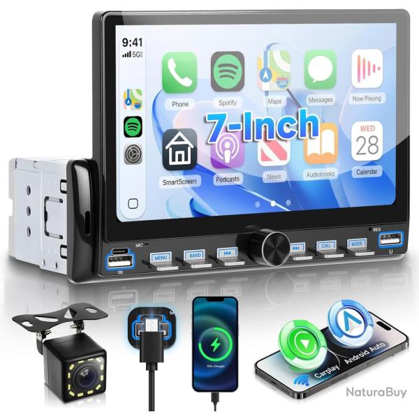 Autoradio 1 Din Touches de Piano avec Carplay Android Auto sans Fil, 7 Pouces IPS HD �cran Tactile P