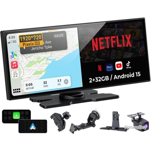 �cran CarPlay Portable 11,5" HD -Streaming Netflix/Youtube, CarPlay sans Fil & Android Auto, Bluetoo
