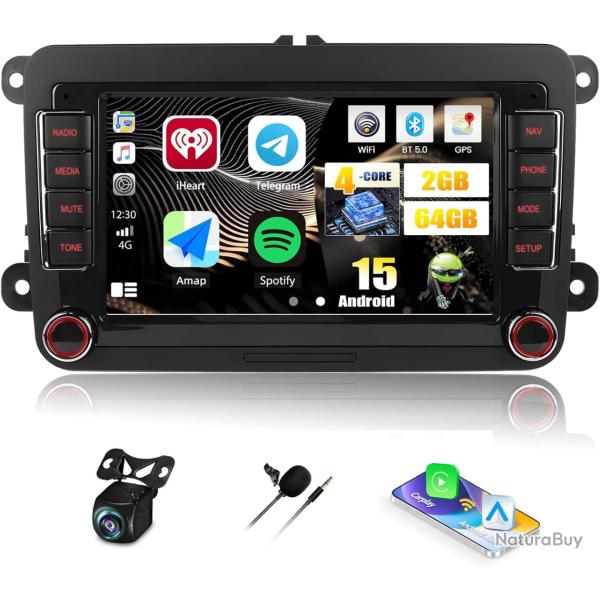 Autoradio Carplay Android 15 2G+64G pour VW Golf 5 6 Polo 5 T5 Skoda Passat B6 B7 Seat, Nav sans Fil