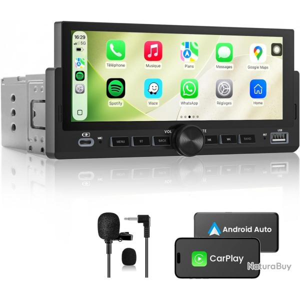 Autoradio 1 DIN, CarPlay Voiture & Android Auto sans Fil, Poste Radio Bluetooth Main Libre, �cran Ta