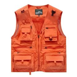 Gilet Multi-Poches Homme Respirant Maille  Gilet Chasse P&ecirc;che Randonn&eacute;e Travail Outdoor Col V Orange
