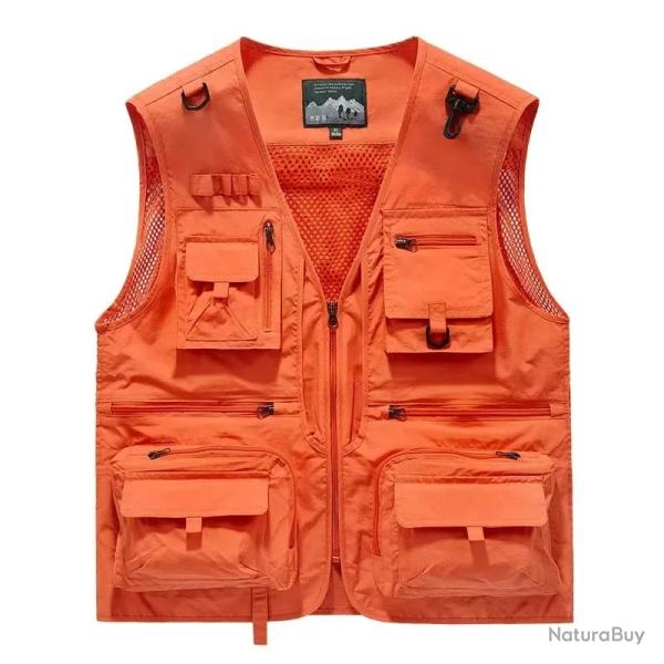 Gilet Multi-Poches Homme Respirant Maille  Gilet Chasse P�che Randonn�e Travail Outdoor Col V Orange