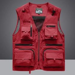 Gilet Multi-Poches Homme Respirant Maille  Gilet Chasse P&ecirc;che Randonn&eacute;e Travail Outdoor Col V Rouge