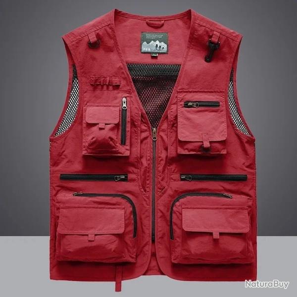 Gilet Multi-Poches Homme Respirant Maille  Gilet Chasse P�che Randonn�e Travail Outdoor Col V Rouge