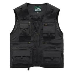 Gilet Multi-Poches Homme Respirant Maille  Gilet Chasse P&ecirc;che Randonn&eacute;e Travail Outdoor Col V Noir