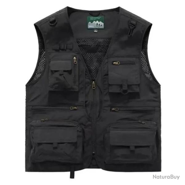Gilet Multi-Poches Homme Respirant Maille  Gilet Chasse P�che Randonn�e Travail Outdoor Col V Noir