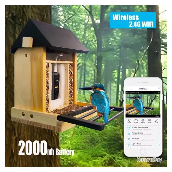 Mangeoire pour oiseaux 1080P avec cam�ra HD, batterie int�gr�e, solaire, 2.4GWIFI, 64GB