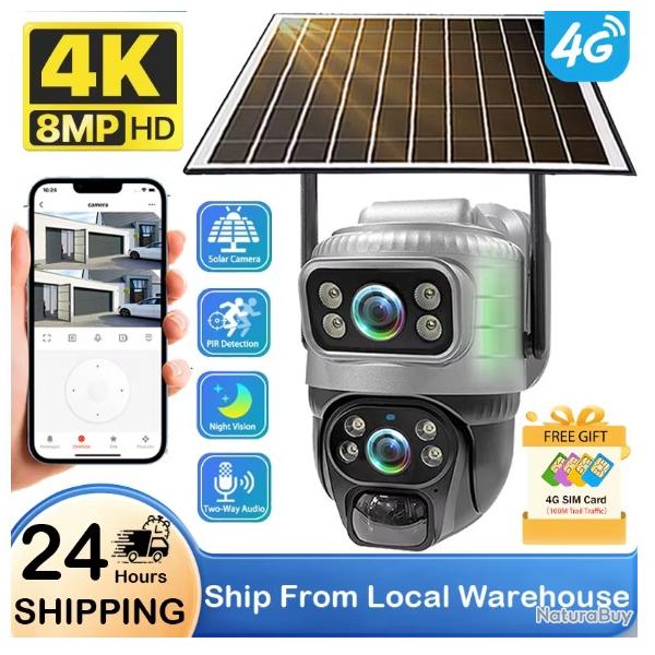 4G cam�ra de Surveillance solaire double objectif batterie ext�rieure cam�ras de s�curit� - 128GO