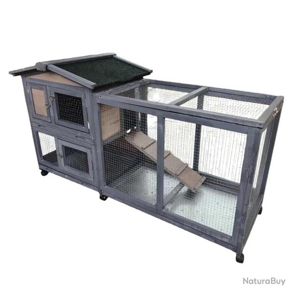 Clapier mobile en bois pour lapin avec parc int�gr� - Gris 150x55x86 cm