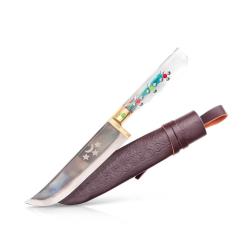 Couteau Ouzbek Pchak - 26,5 cm - fair Main - Acier Carbone - Manche en Plexiglas Blanc