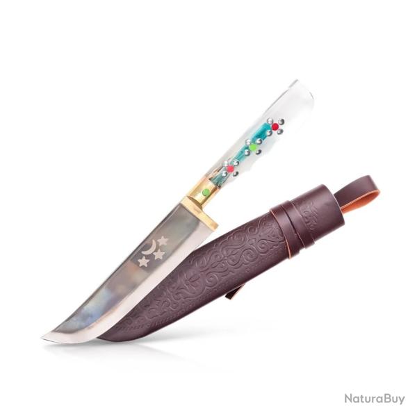 Couteau Ouzbek Pchak - 26,5 cm - fair Main - Acier Carbone - Manche en Plexiglas Blanc