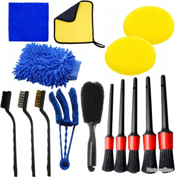 Kit nettoyage voiture 15pcs brosses detailing auto jantes a�rations tableau bord