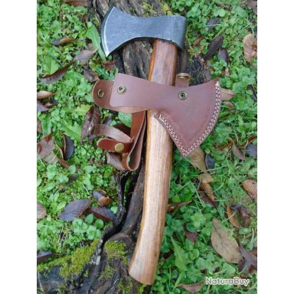 Hache De Viking Pour Drakkar Tomahawk Lame Acier Carbone Manche Bois Fabr Artisanale Etui Cuir