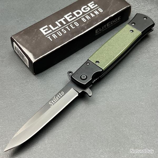 Couteau ElitEdge Semi-Auto Stiletto Military Lame Acier 420C Manche Black/Green G10 Linerlock Clip