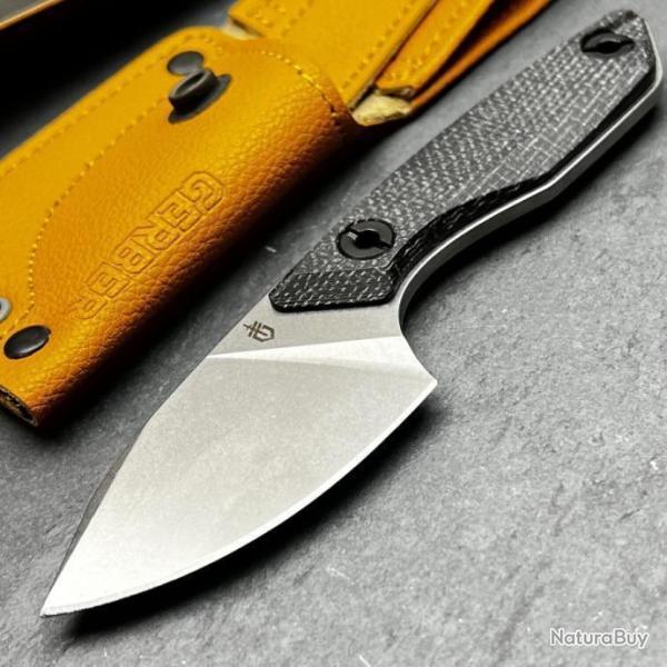 Couteau Skinner Survie Gerber Stowe Lame Acier 440 Clip Point Manche Micarta Etui Cuir
