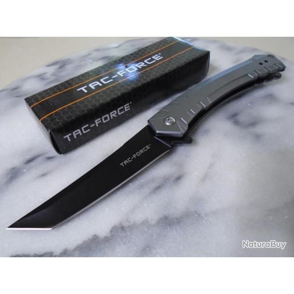 Couteau Tac-Force Semi Automatique Lame Acier 3Cr13MoV Tanto Manche Alu Anodis� Gris Liner Lock