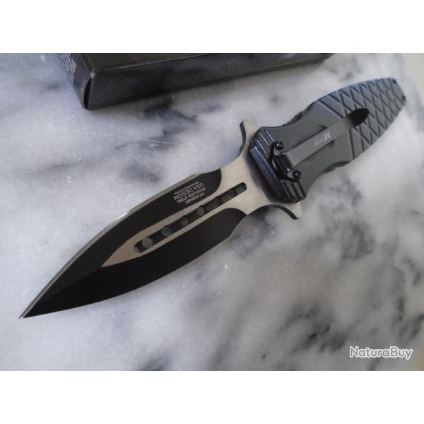 Couteau Semi-Automatique MTech Linerlock A/O Lame Dagger Acier 3Cr13MoV Manche Black Aluminum