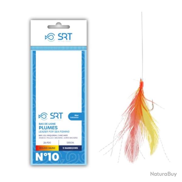 BAS DE LIGNE MER PLUMES ROUGES/JAUNES 5 HAMECONS - 3/0 - SRT