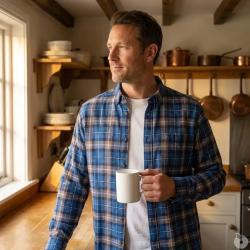 Chemise Homme Manches Longues en Flanelle &agrave; Carreaux Bleu et Marron Coupe Droite