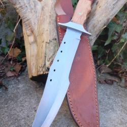 Poignard Bushcraft Couteau de Chasse Survie Lame Carbone 1055 Manche Bois/Acier Etui Cuir F ArtisanA
