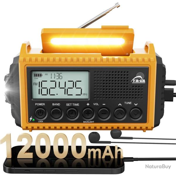 Radio Solaire Urgence Batterie12000mAh Manivelle Lampe Torche USB-C Casque SOS �tanche IPX4