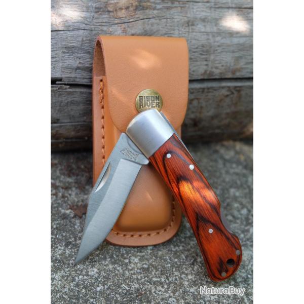 Couteau Bison River Manche Bois Lame Clip Point Acier 3Cr13 S�curit� Lockback Etui Cuir