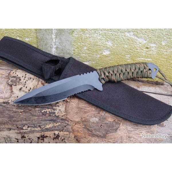 Couteau de Brousse Harpoon Lame Acier 3Cr13 Manche Corde Etui Nylon Id�al pour la Survie & la P�cheA