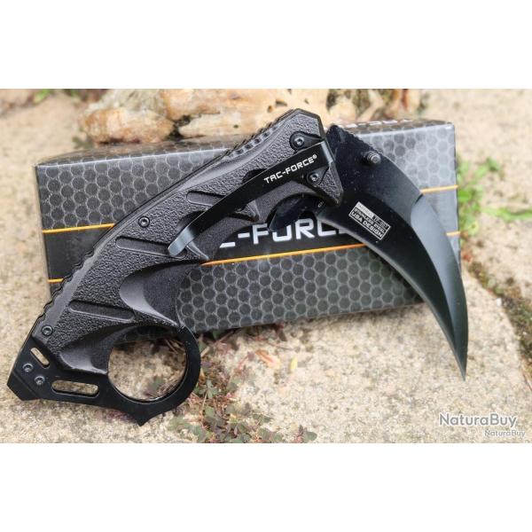 Couteaux Griffe Tac Force Karambit A/O Lame Acier 3Cr13 Manche Aluminium Black linerlock Clip