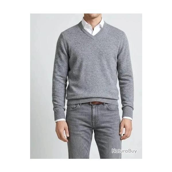 Pull gris moyen col V mixte T M Galeries Lafayette 100% lambswool neuf