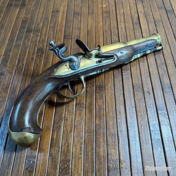 PISTOLET A SILEX D'OFFICIER DE MARINE PLATINE SILEX EN BRONZE CANON POIN�ONN�