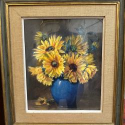 Tableau ancien bouquet de fleurs jaunes sign&eacute; Jules Frimat